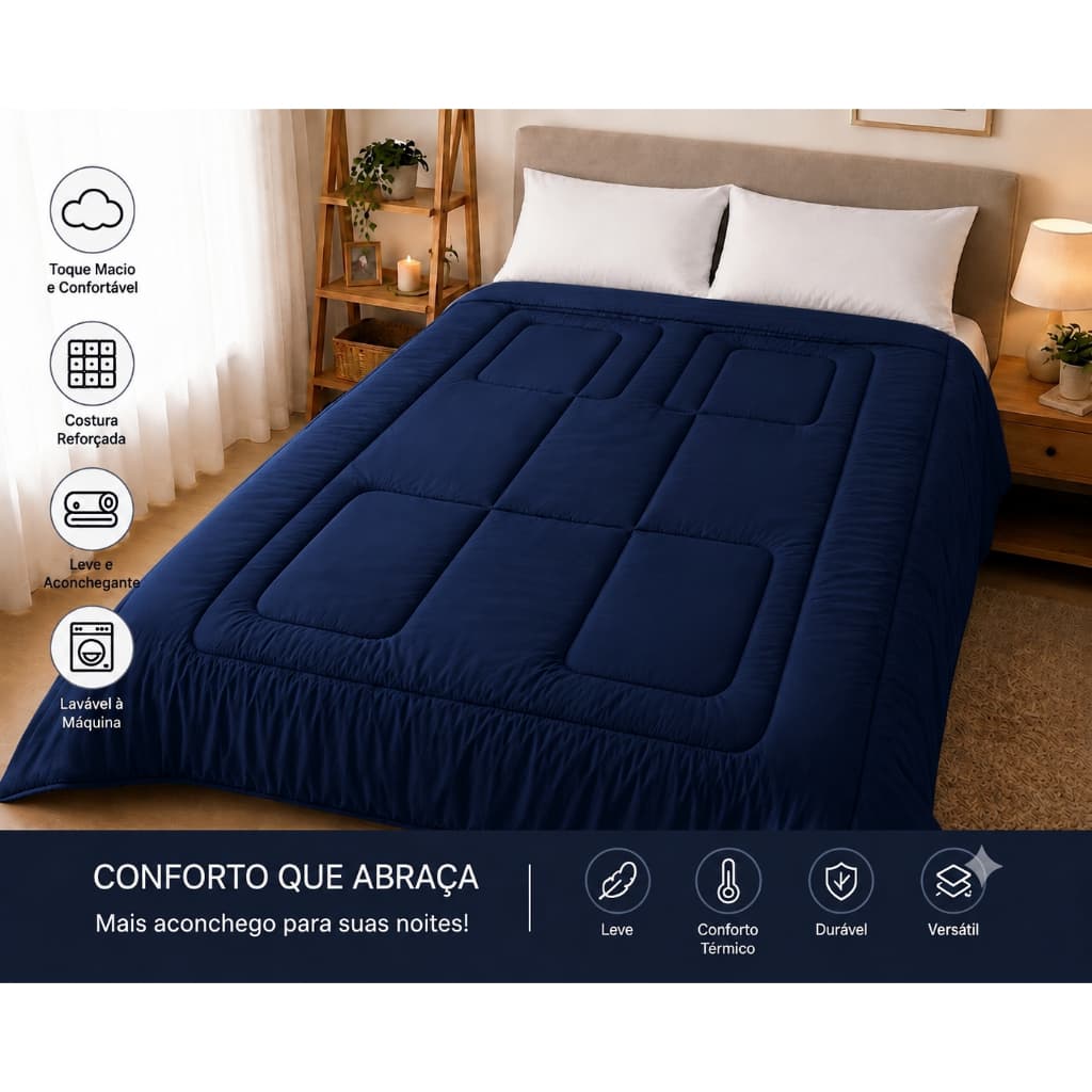 Edredom Azul Marinho Casal/Queen Micro Percal 400 Fios Dupla Face 2,20m x 2,40m Para Cama Toque Aveludado