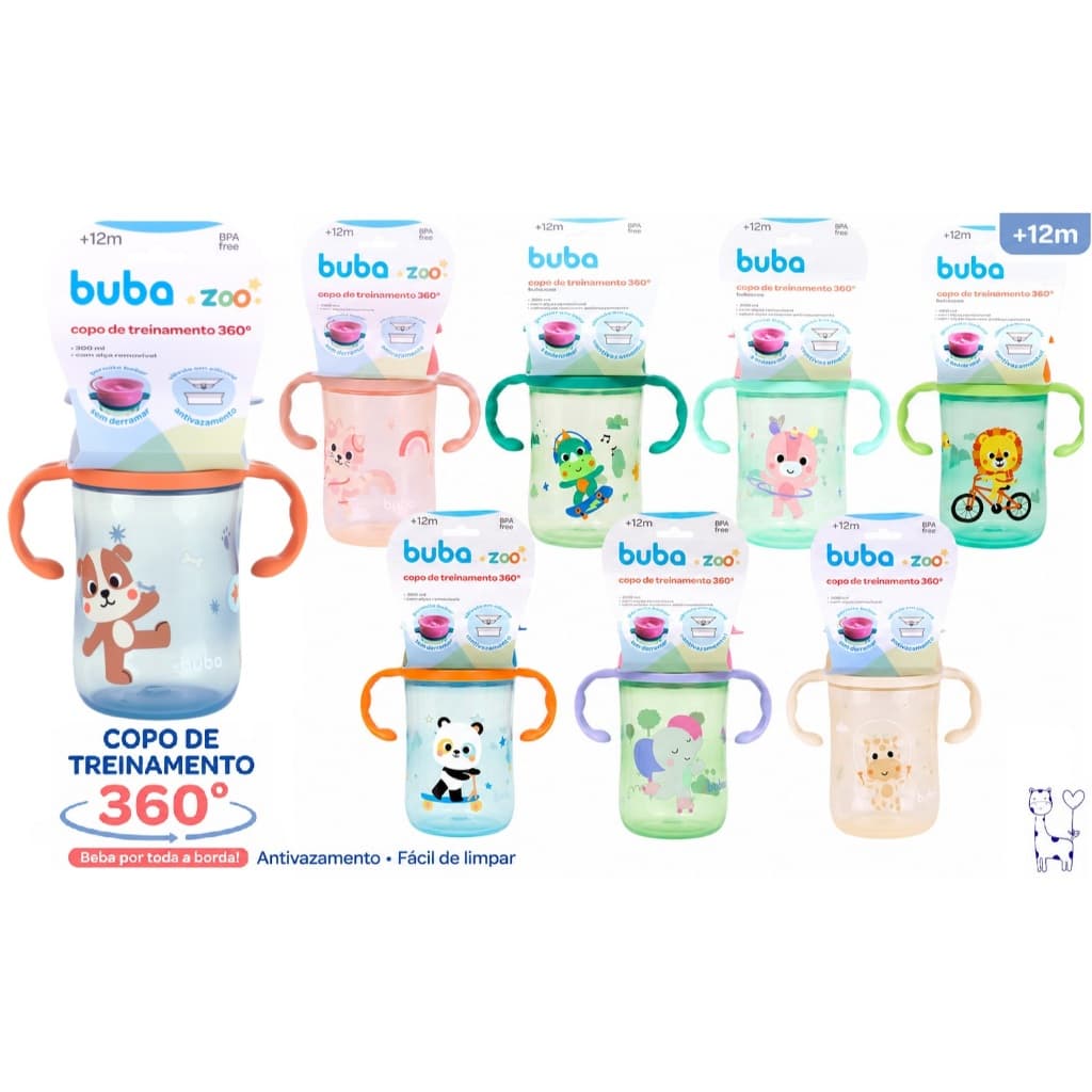 Copo de Treinamento 360° Buba Zoo 300ml Antivazamento com Alça Bebê Infantil