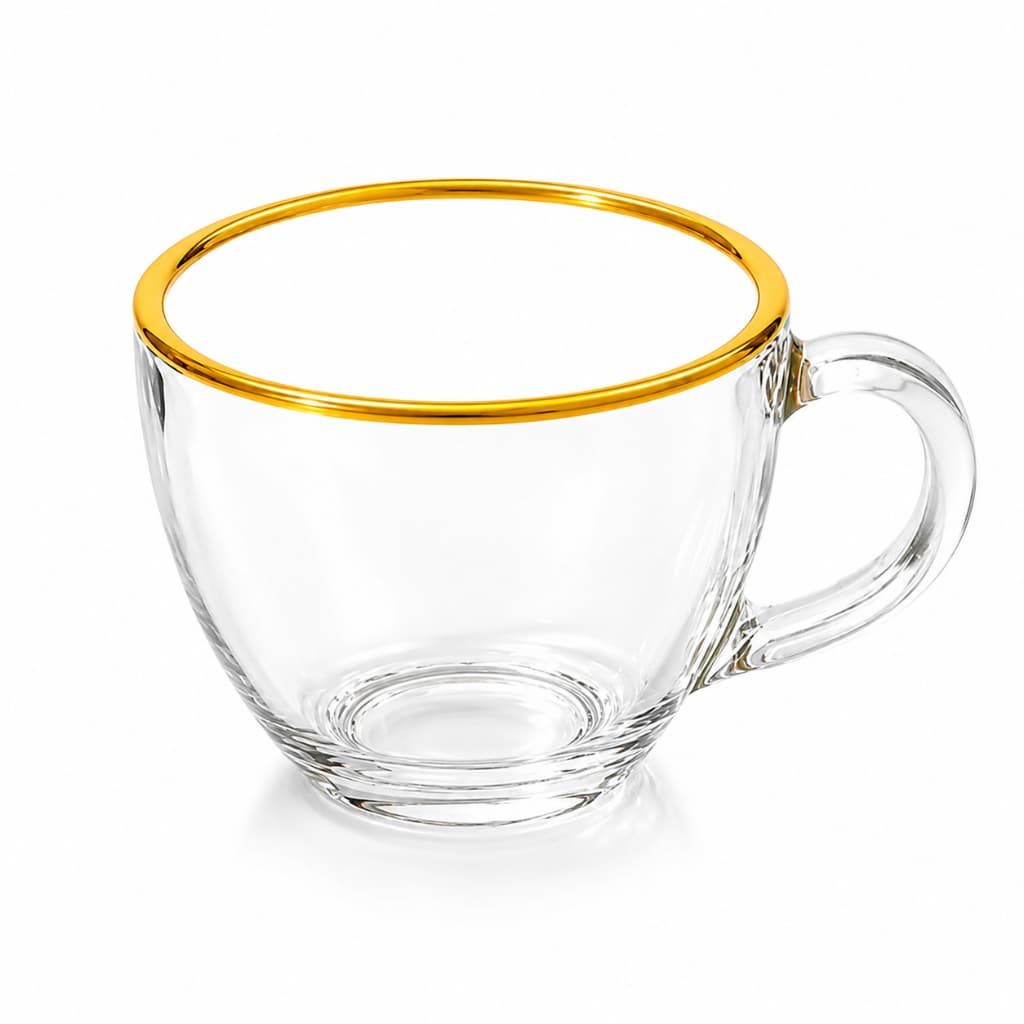 Conjunto Xícaras Fio de Ouro Cha e Cafe 6 Peças Transparente Vidro 100ml Decorada