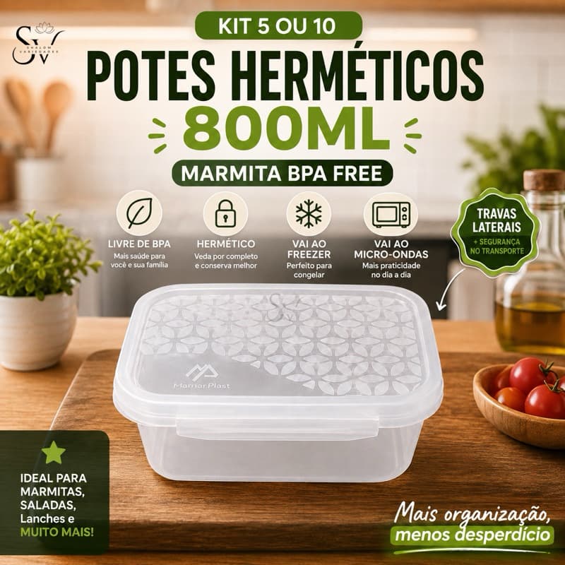 Kit 5 ou 10 Potes Herméticos 800ml com Travas Laterais – Marmita BPA Free