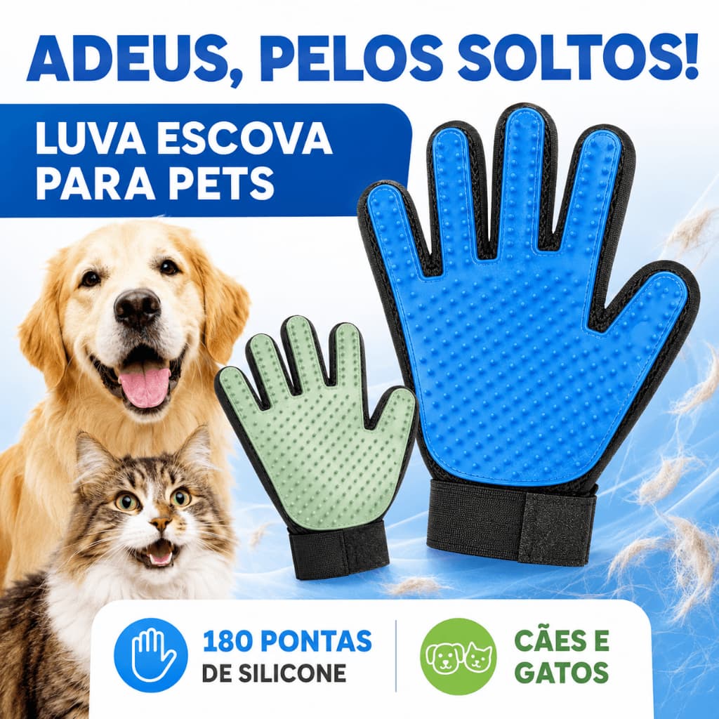 Luva Escova de Silicone Tira Pelos para Cães e Gatos 180 Pontas Massageadora Cores Sortidas