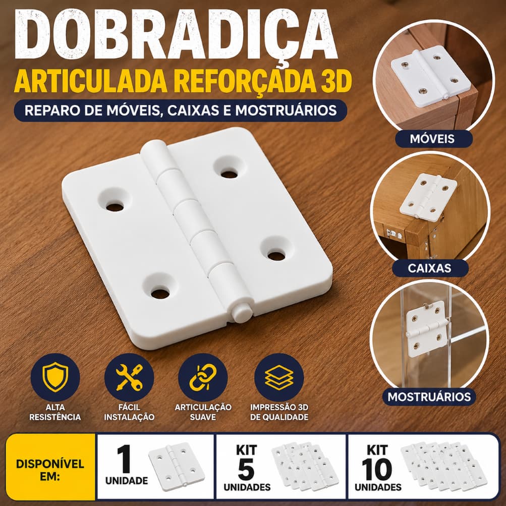 🔩 Dobradiça Articulada Reforçada 3D 60x25mm para Móveis Caixas Mostruários - Unidade Kit 5 ou 10