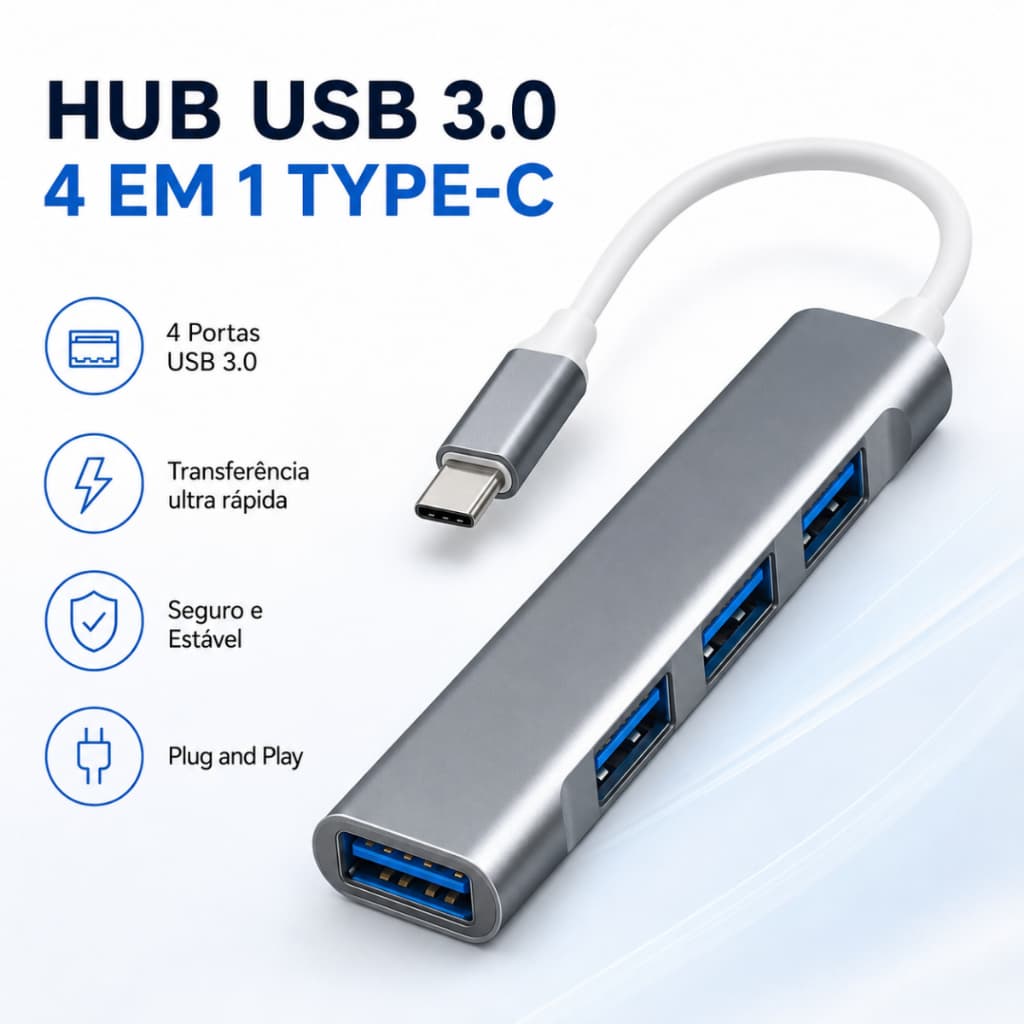 Hub USB-C, 4 em 1, 4 Portas, USB 3.0 e 5Gbps