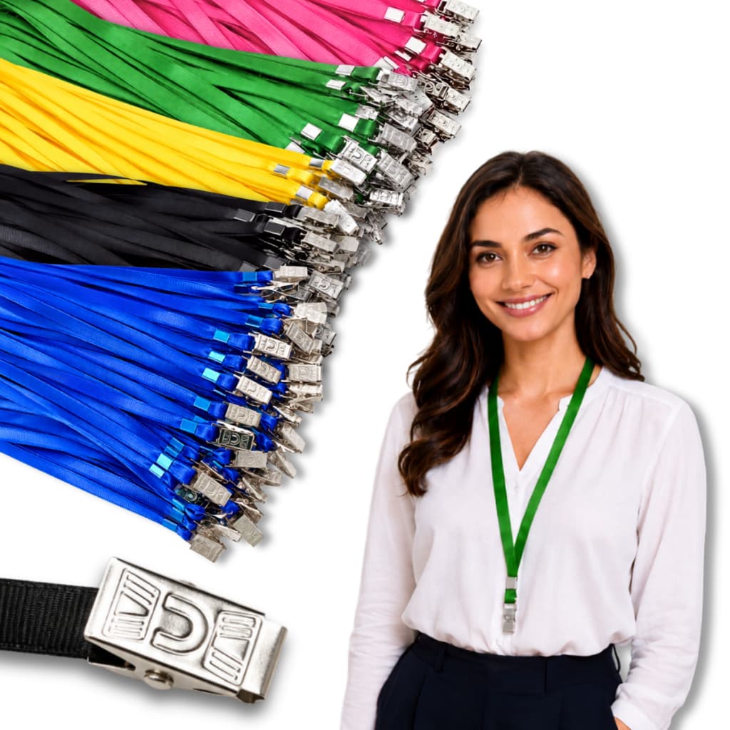 100 Cordões Porta Crachá Clips Garra Jacaré Suporte Poliéster