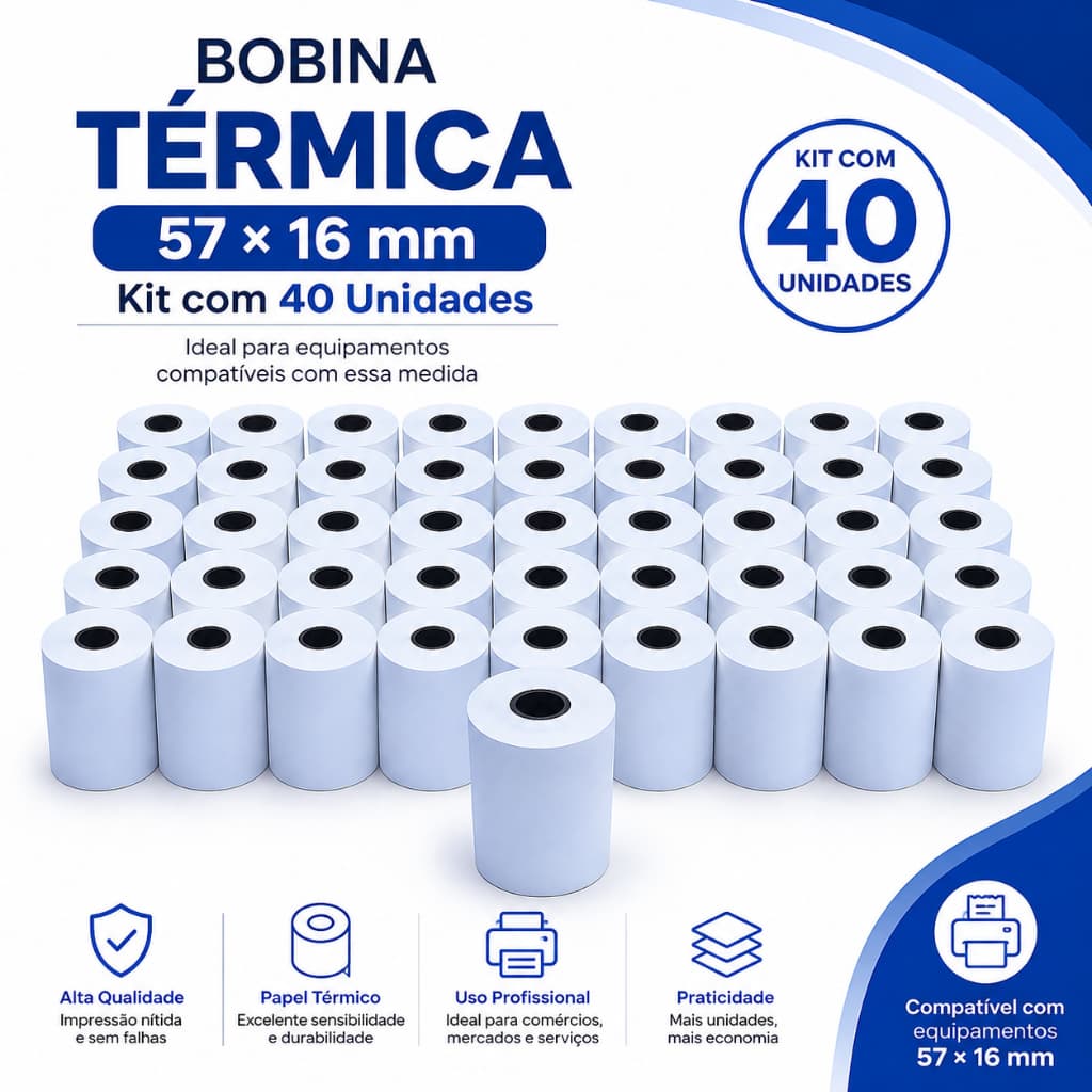Kit Econômico 40 Bobinas Térmicas 57x16m Papel para Máquina de Cartão Reposição Imediata