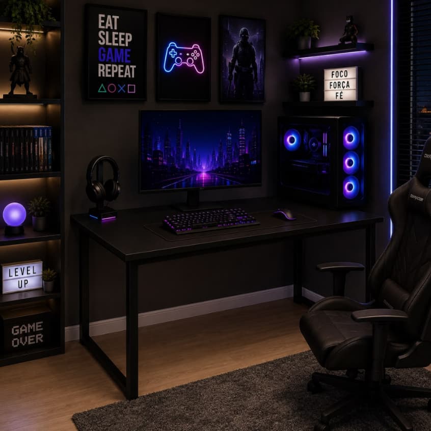 Mesa Escrivaninha Gamer Estilo Industrial em Aço e MDP
