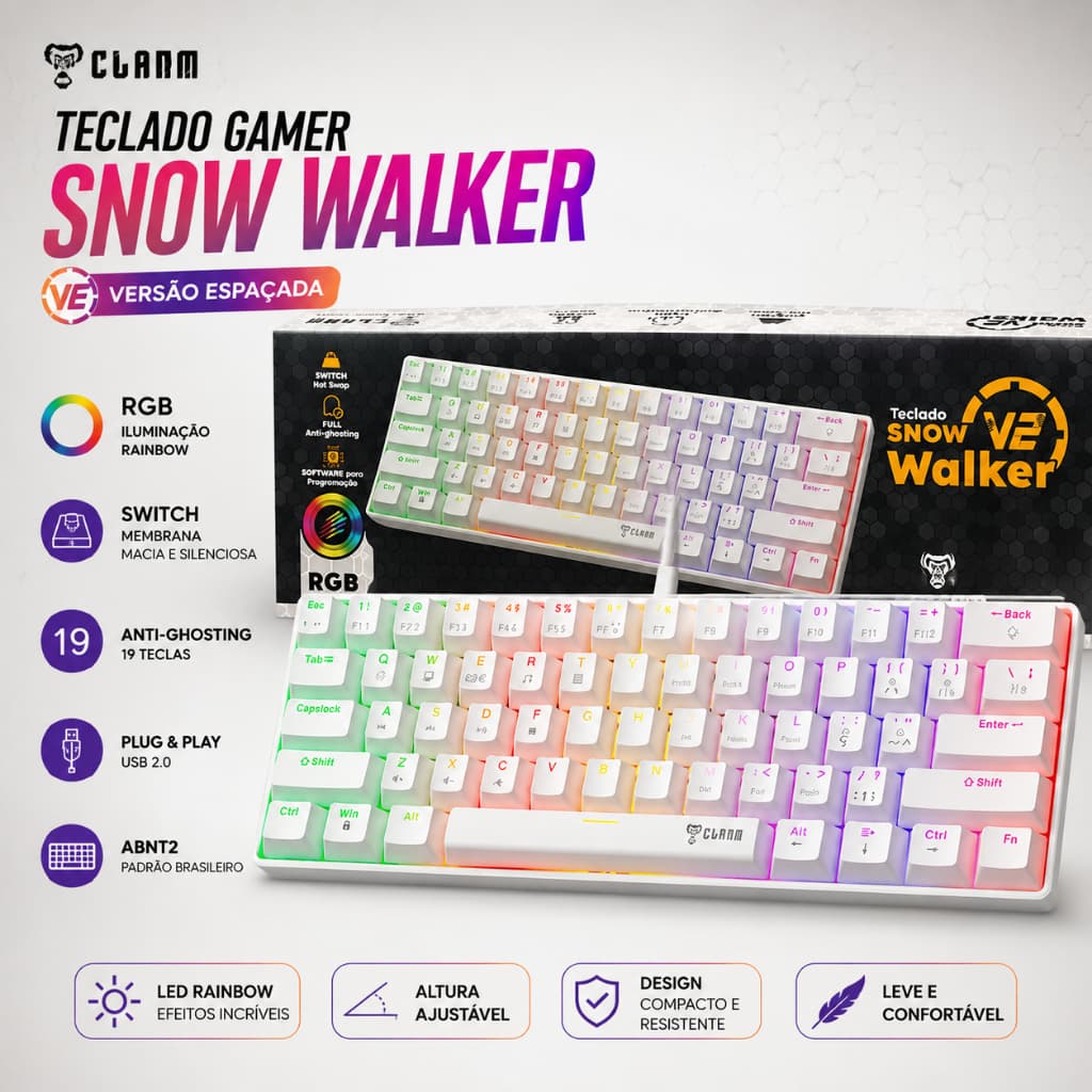 Teclado Gamer Mecânico 60% Branco Clanm RGB, Red Switch ABNT2 e Anti-Ghosting
