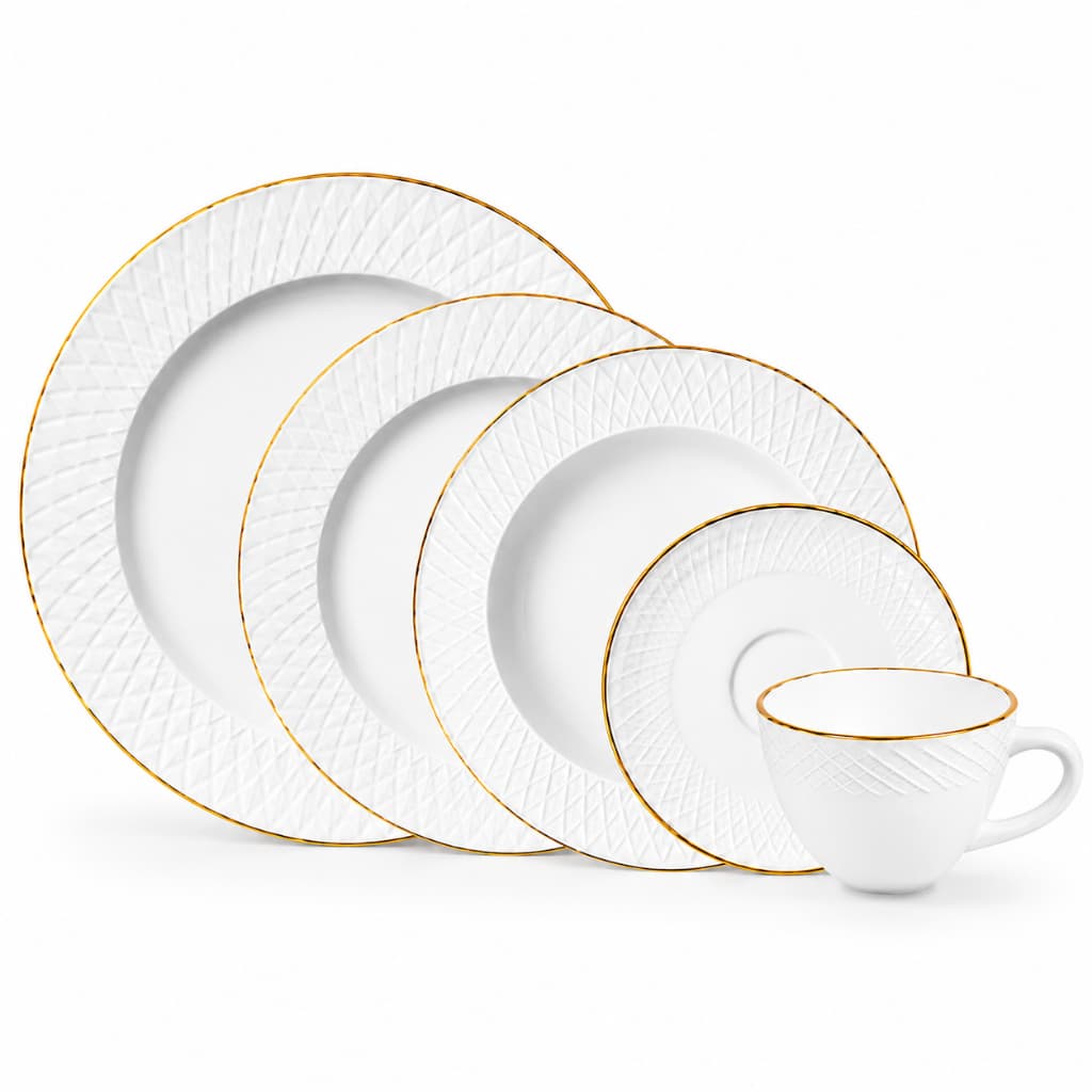 Aparelho de Jantar 20 Peças Opaline Branco Borda Dourada Hauskraft Divine