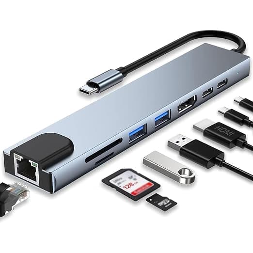 Hub USB-C 8 em 1, Hub Adaptador Multifuncional com HDMI 4K, Ethernet RJ45, Carregamento PD, 2 Portas USB 3.0, Leitor SD/