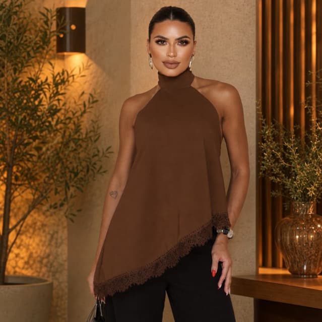 Blusa Assimétrica Feminina Elegante com renda | Cropped Feminino Moda Blogueira Tendência 2026 Nivia