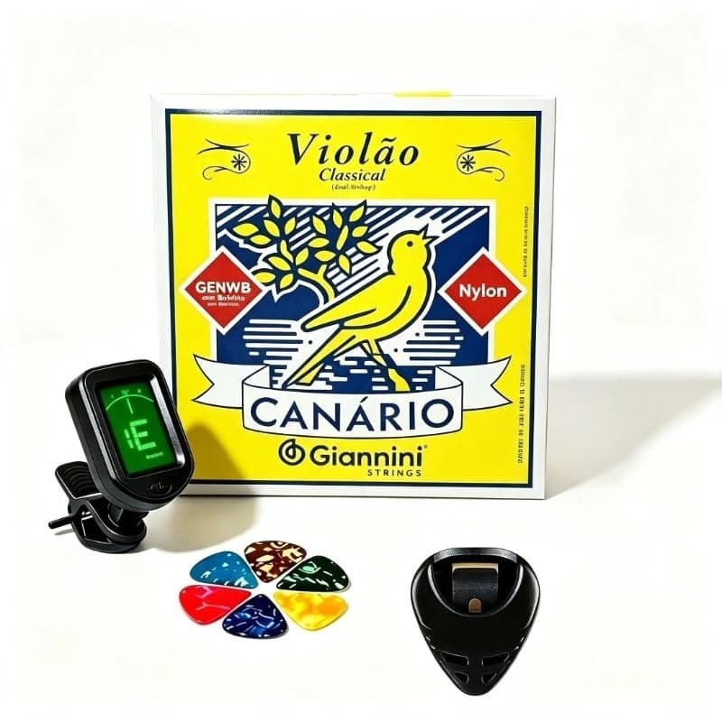 Kit Encordoamento Violão Nylon Giannini Canário + Afinador Digital + Porta Palhetas + 6 Palhetas