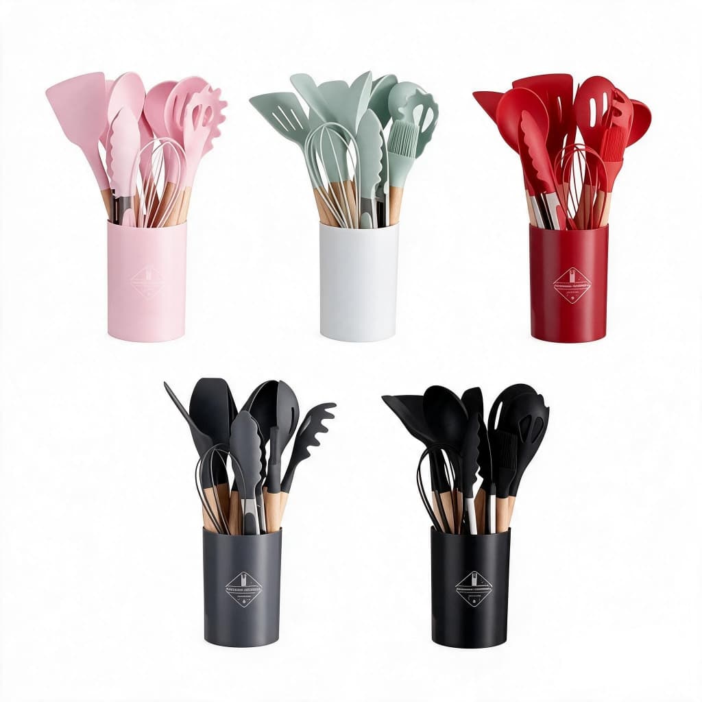 KIT de Utensílios Para Cozinha em Silicone e Bambu 12 Peças
