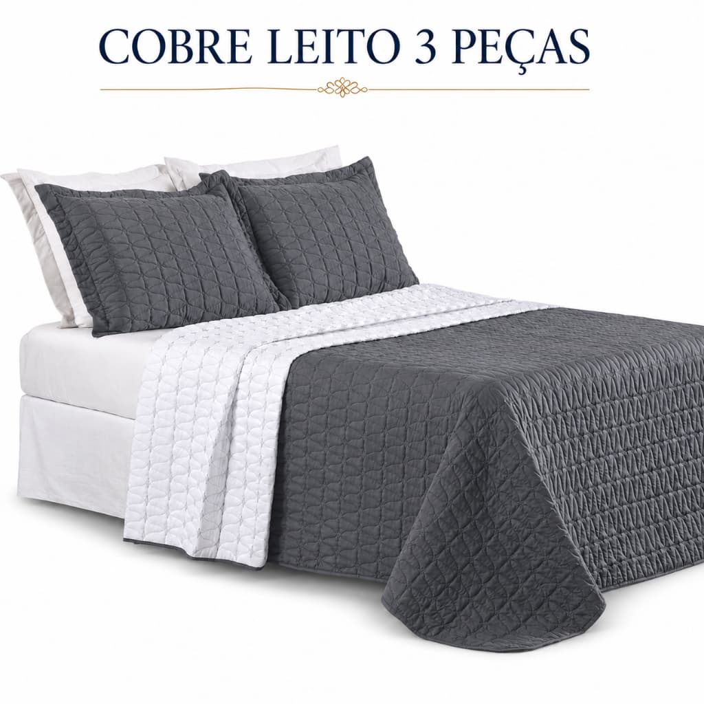 Kit Colcha Cobre Leito Com 2 Fronhas Casal Queen Dupla Face Estampada Bordado 2,40m x 2,60m
