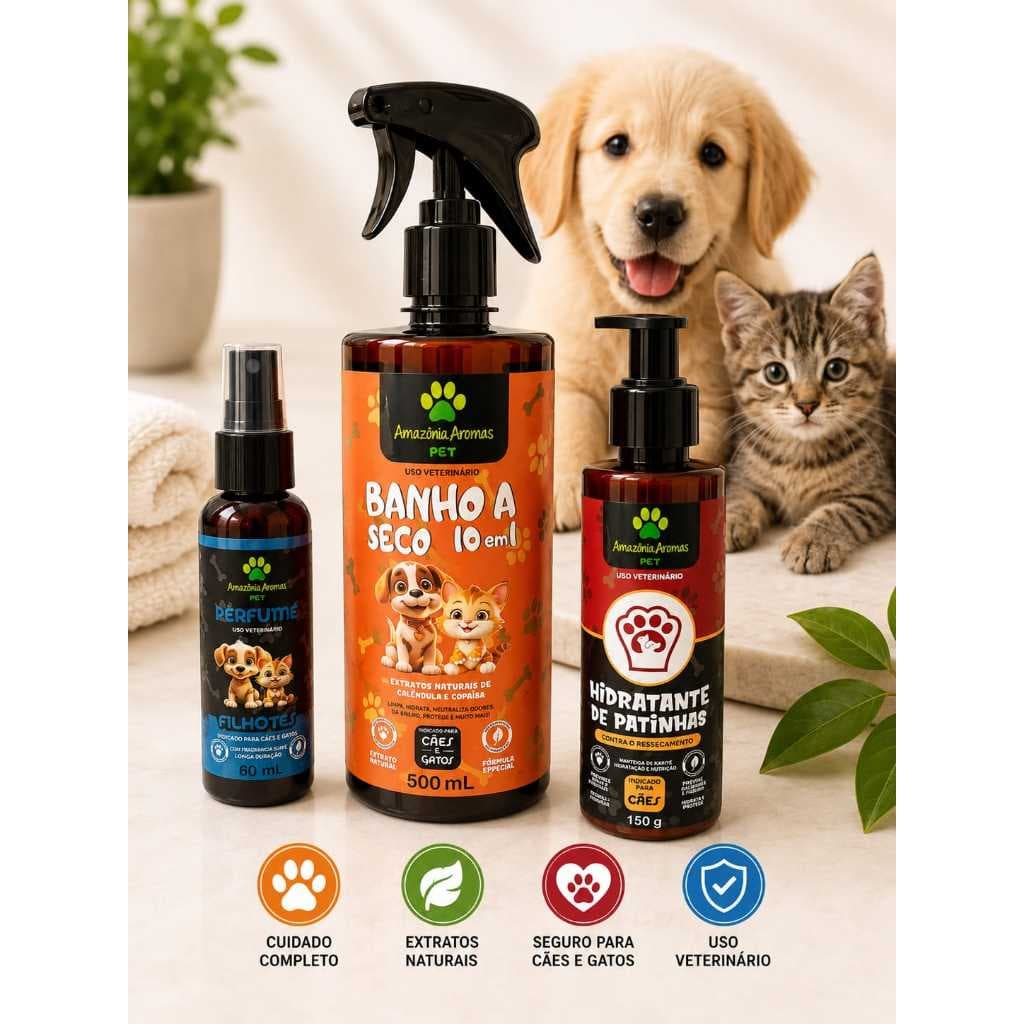 Kit 3 em 1 Pet Banho a Seco 500ml + Perfume Pet 60ml + Hidratante Patinhas 150g Cães e Gatos