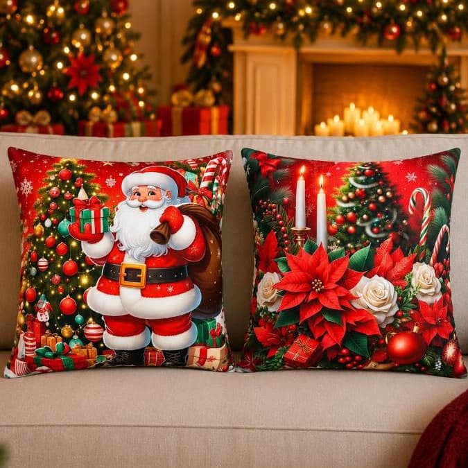Kit 2 Capas de Almofada Natalina 42x42cm Decoração de Natal com ziper.