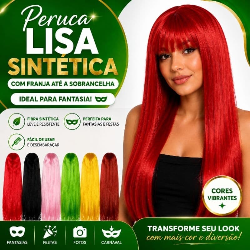 PERUCA LISA SINTÉTICA COM FRANJA – IDEAL PARA FANTASIAS 🎭✨