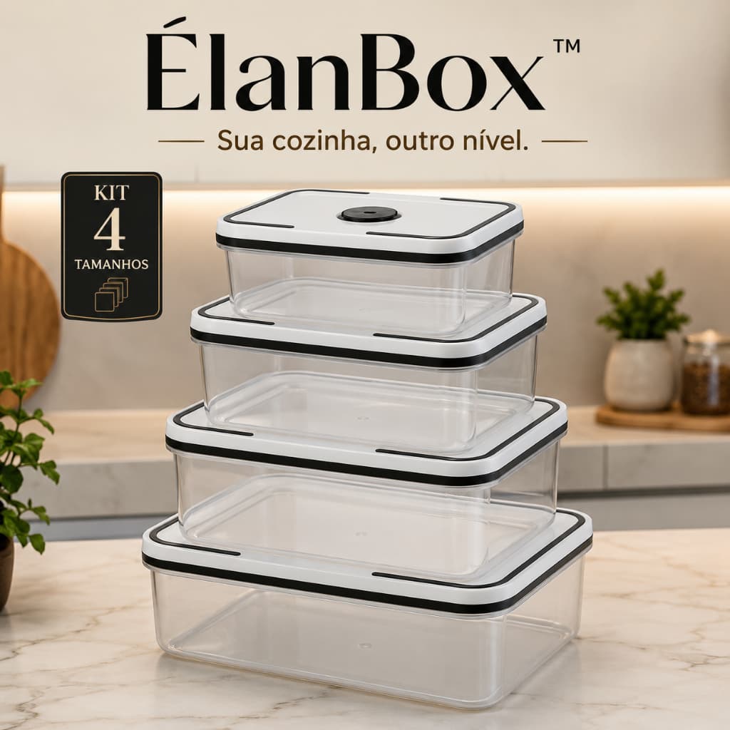 Kit 4 Potes Herméticos ÉlanBox™ Organizadores de Cozinha 500ml a 2L – Potes Plásticos para Mantimentos com Tampa