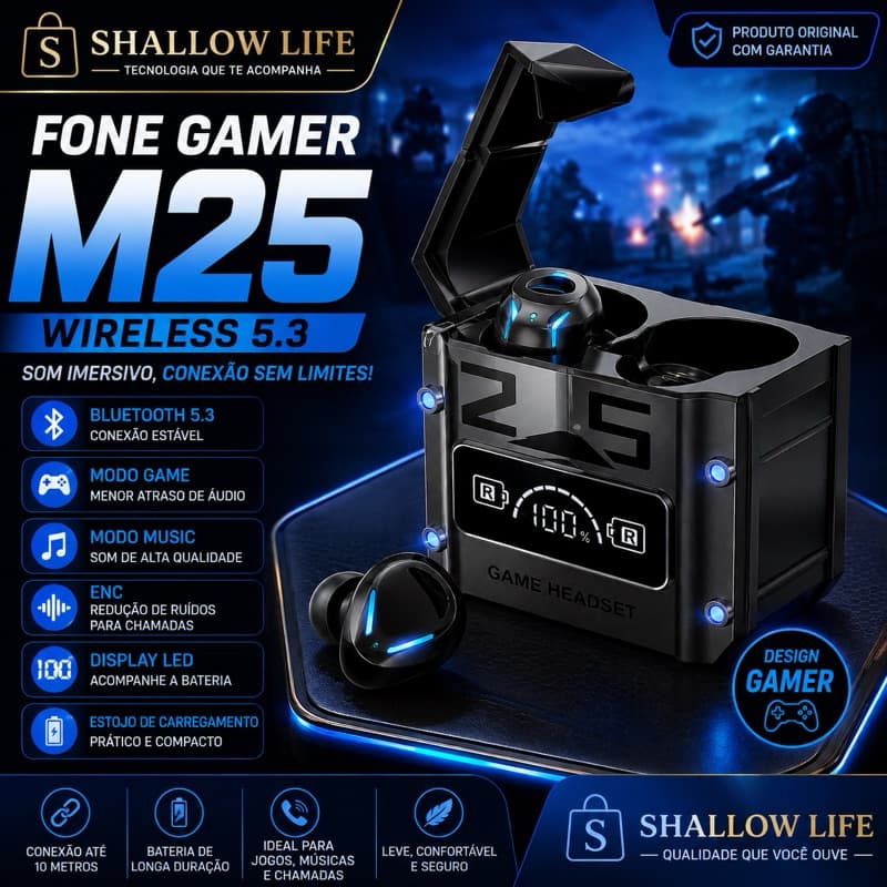 Fone de Ouvido Gamer M25 Bluetooth 5.3 Wireless ENC Game Music Display LED