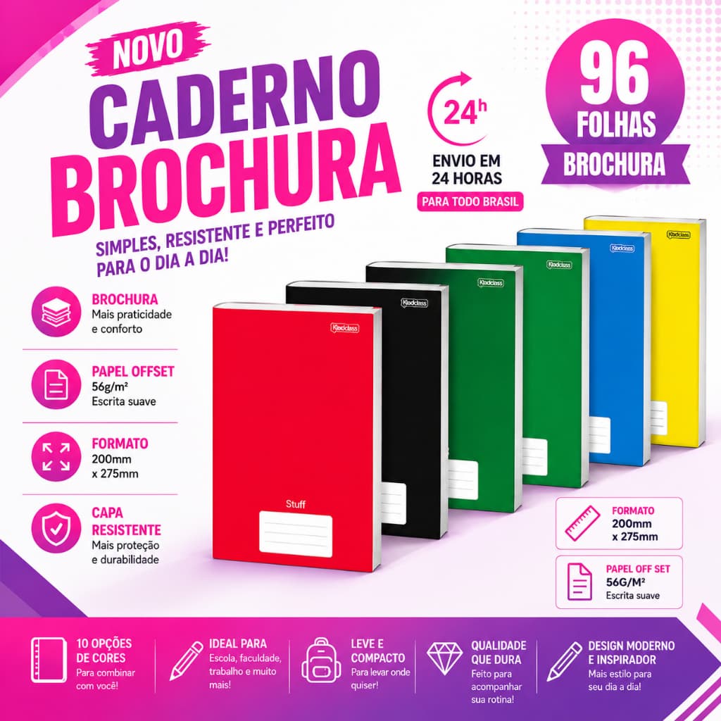 Caderno Brochurão Capa Dura Grande 96 Folhas Stiff Jandaia Cores