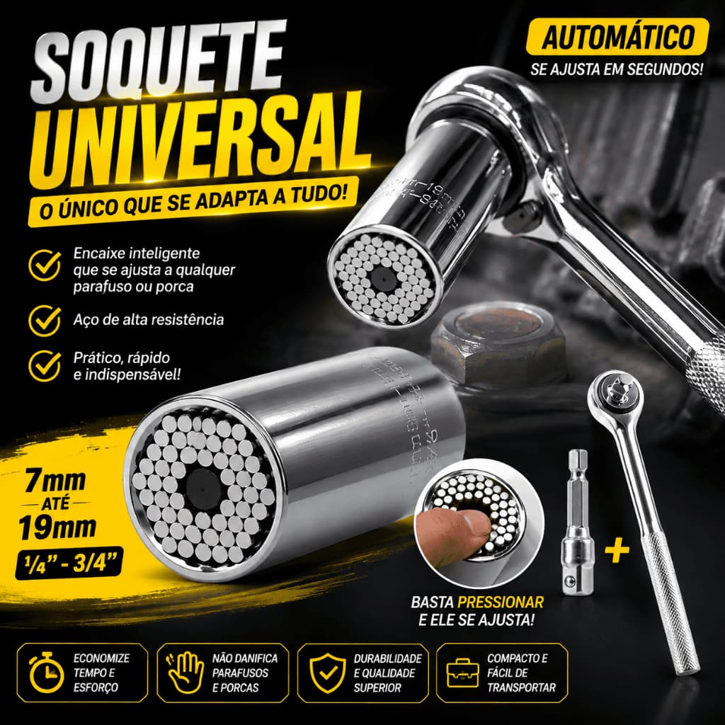 Chave Soquete Universal Mágico 7 a 19mm BMAX ETC300 + Adaptador p/ Parafusadeira