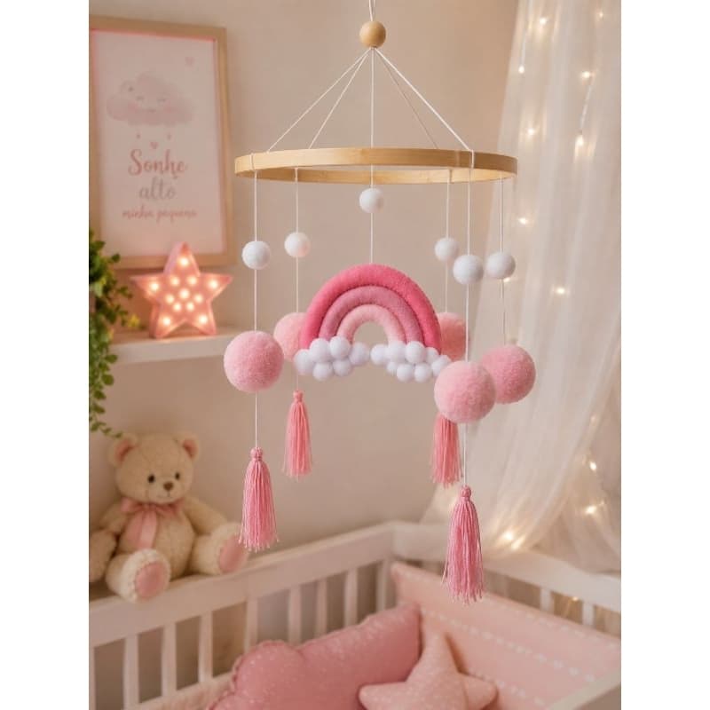 Móbile de Berço Arco-Íris Rosa em Feltro Artesanal| Docinhos | Decoração Quarto Bebê Menina
