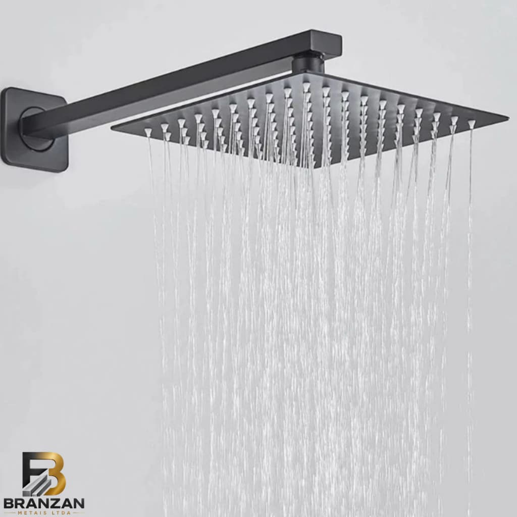 Ducha Preta Inox Chuveiro slim 20X20cm e Cano Quadrada Fosco