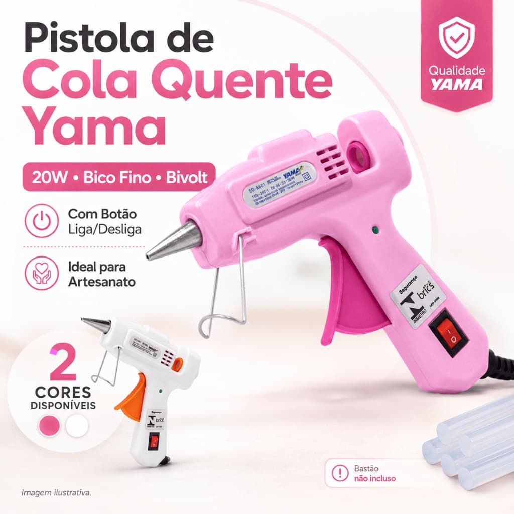 Pistola de Cola Quente Yama Profissional 20w Pequena Rosa/Branca Bico Fino Botão Liga/Desliga Bivolt Artesanato