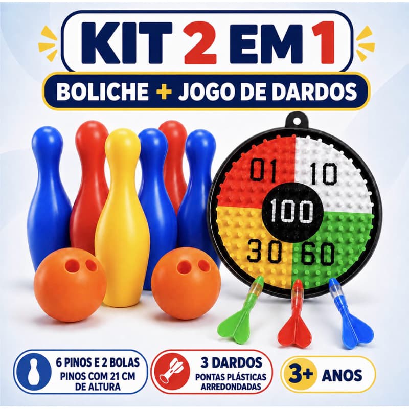 Kit Boliche Infantil 21cm + Jogo De Dardos 2 Em 1 Educativo Cores Vibrantes 3+ An