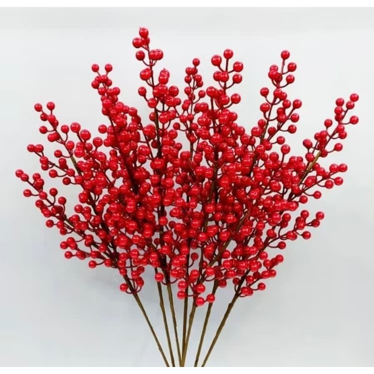 Kit 2 Galhos Berry Azevinho Bagas Vermelhas Enfeite de Natal Pick natalino 65cm