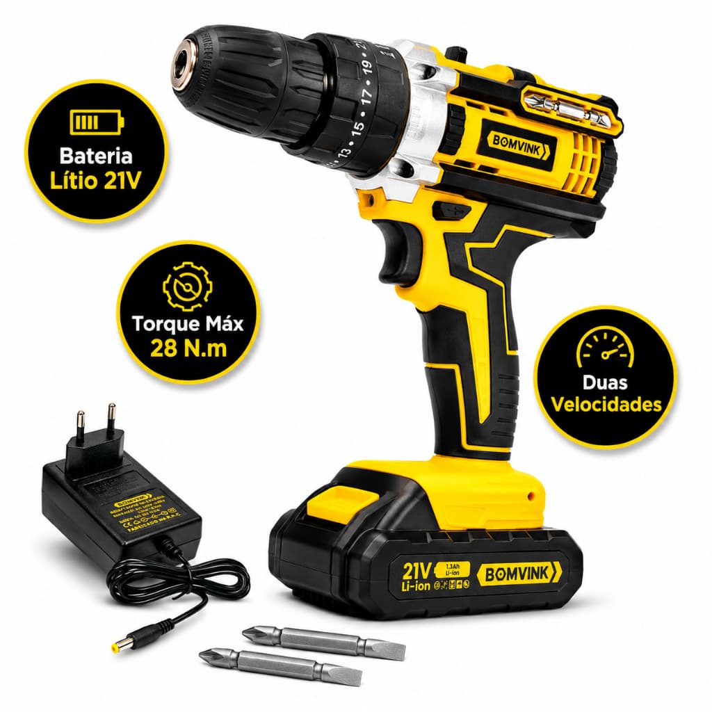 Parafusadeira Furadeira Elétrica 21V Sem Fio Bateria 28Nm 2 Velocidades LED Bivolt Profissional