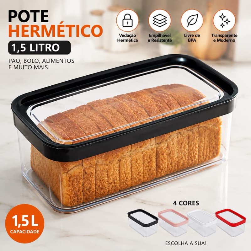 Pote Hermético 1,5L Porta Pão Bolo Organizador Cozinha Alimento mais Fofo Fresco Compacto e Empilhavel