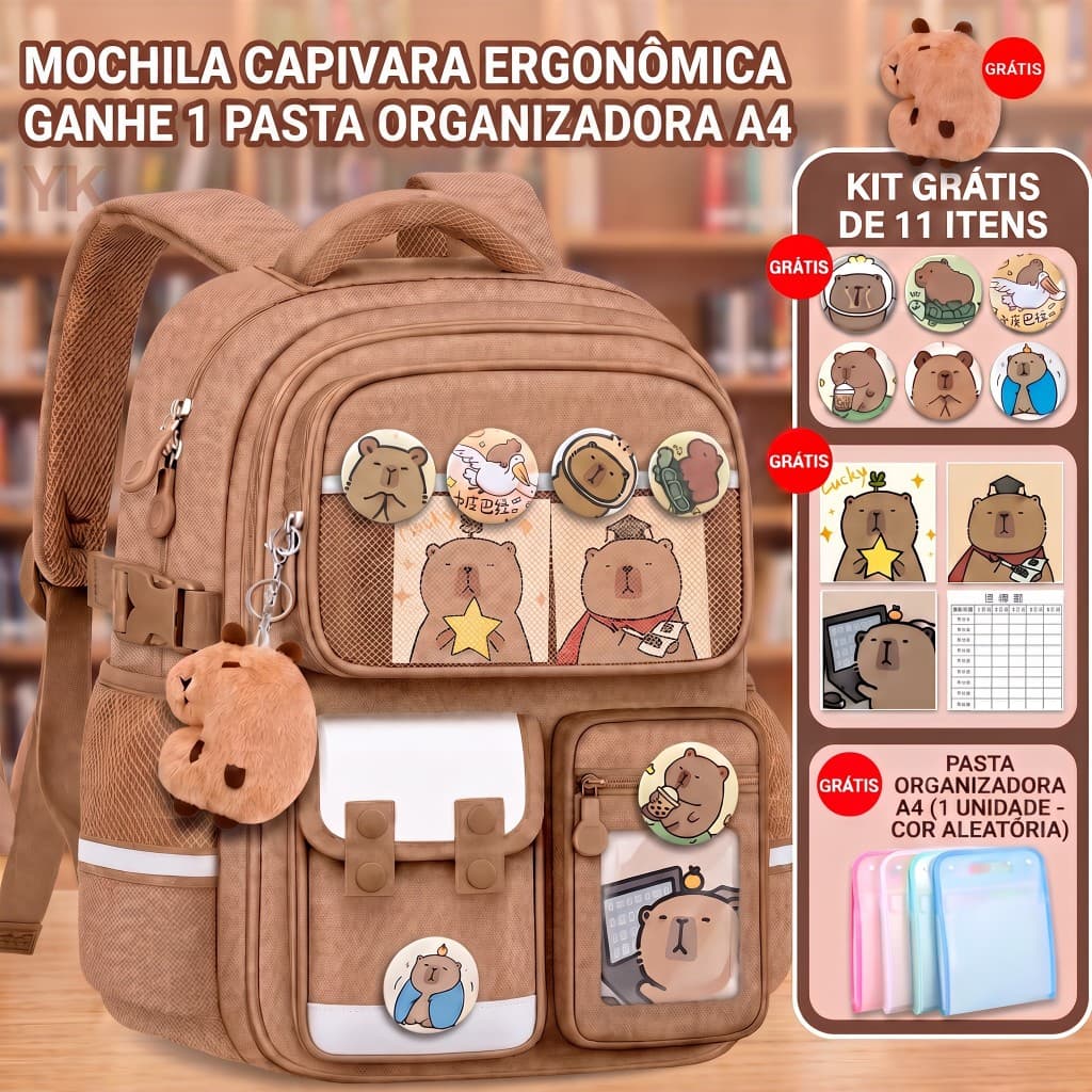 Mochila Capivara Escolar Grande Capacidade + Pasta Grátis