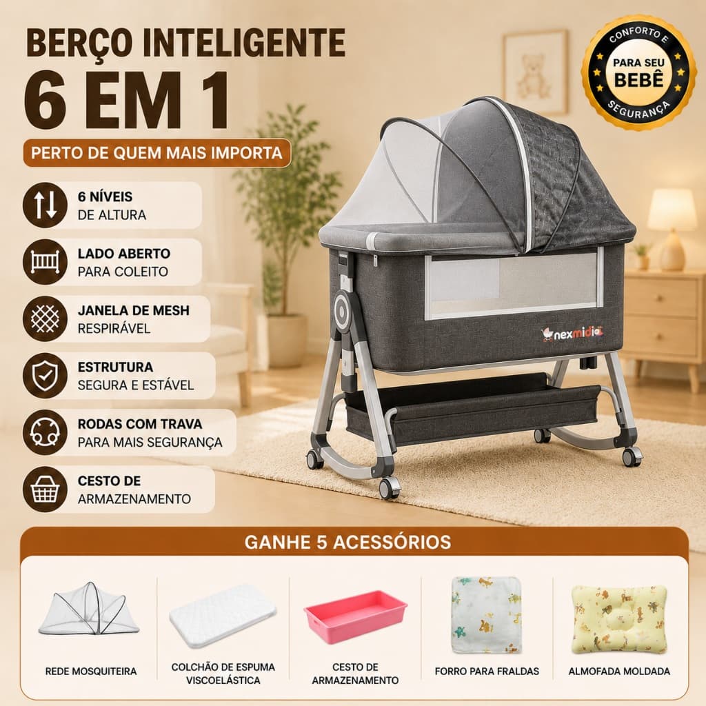 Berço Moisés Portátil Co-bed Balanço com Mosquiteiro Altura Ajustável para Bebê