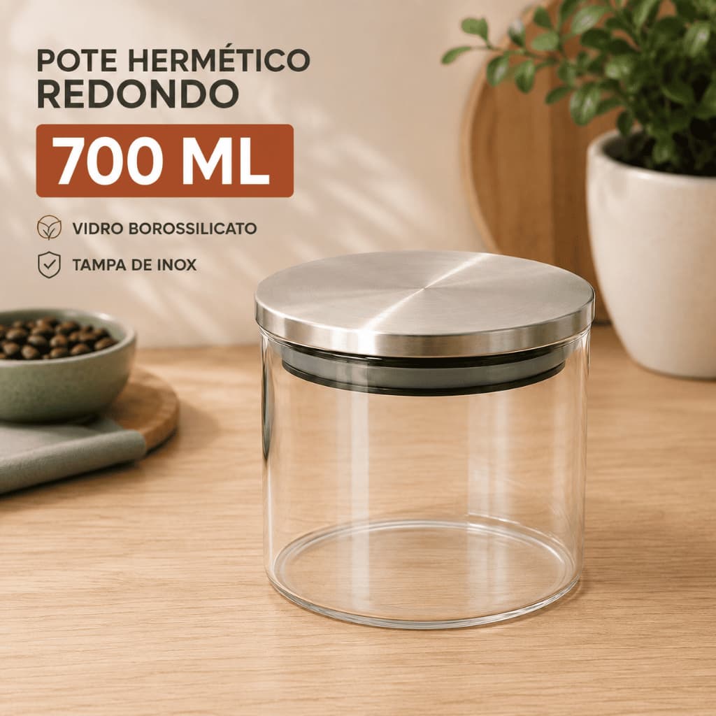 Pote Hermético de Vidro Borossilicato 700ml com Tampa Inox | Pote para Mantimentos Café Açúcar Grãos