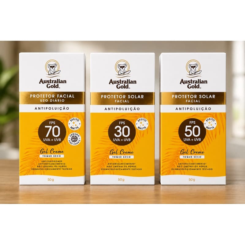 Protetor Solar Facial Australian Gold — FPS 30, 50 e 70
