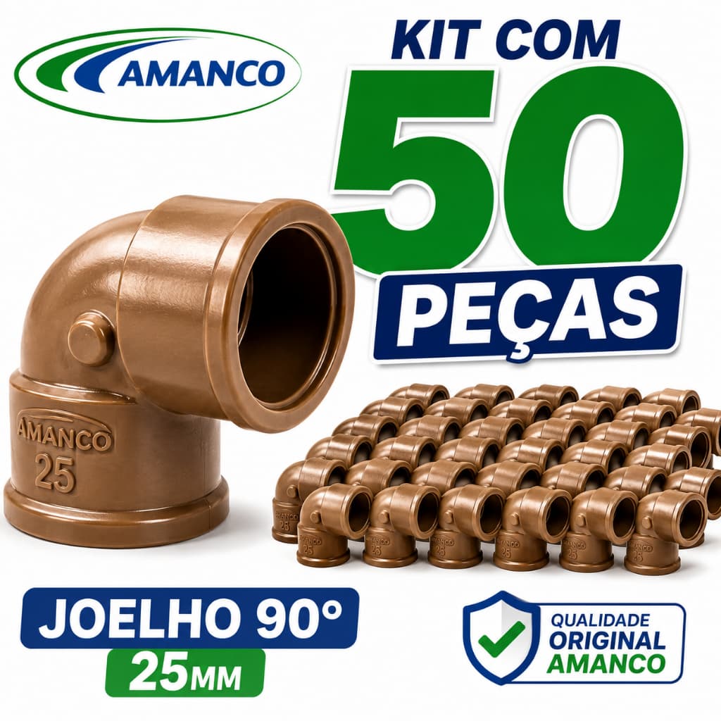 Kit 50 Joelhos 90 Graus 25mm Soldável Amanco Conexão PVC Alta Qualidade Original