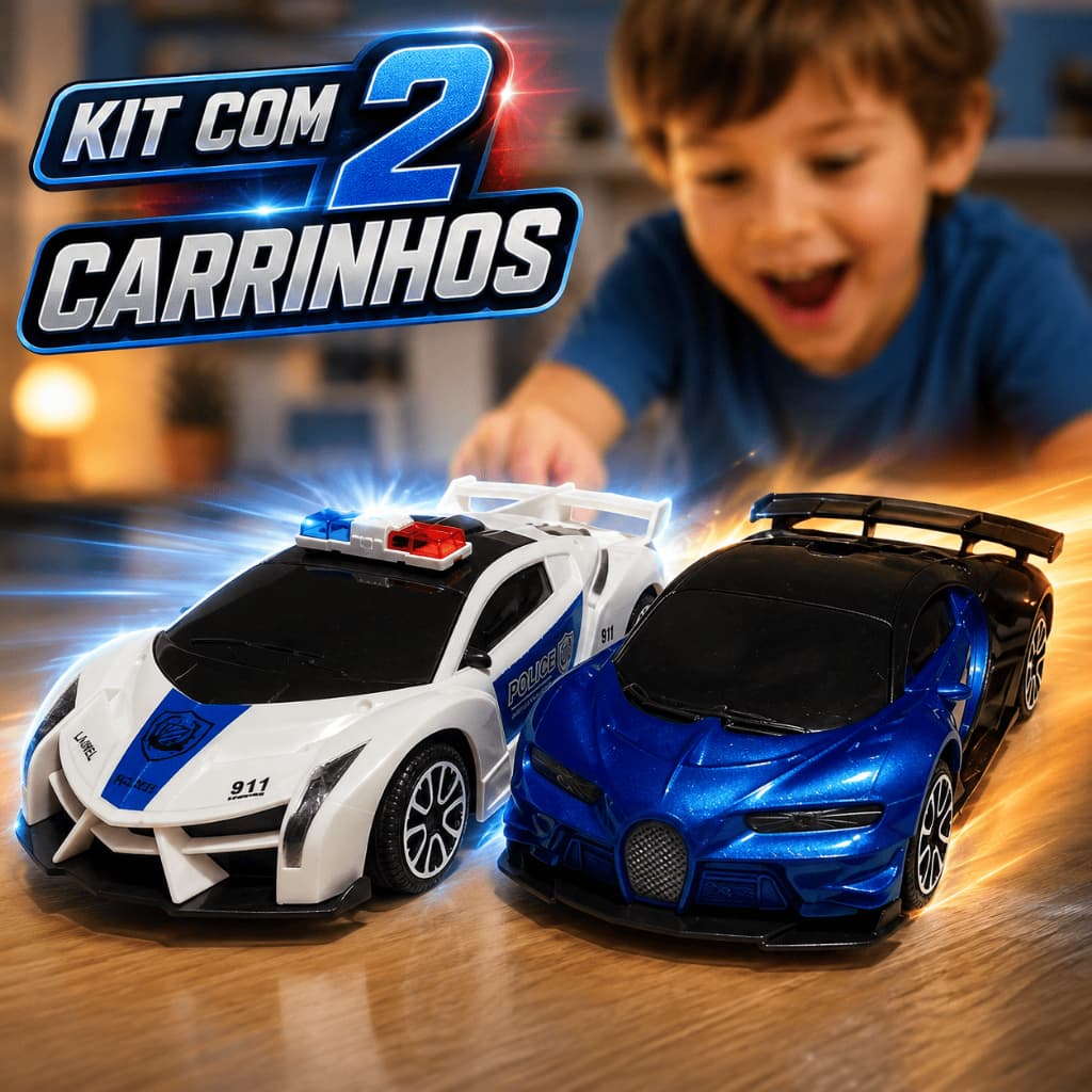 Carrinhos de Brinquedo KIT com 2 Polícia e Carro Esportivo Infantil Luz Som Anda Sozinho