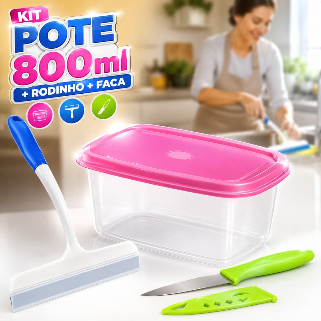 Kit Cozinha 3 em 1 Pote 800ml + Mini Faca + Rodinho de Pia | Utensílios Práticos