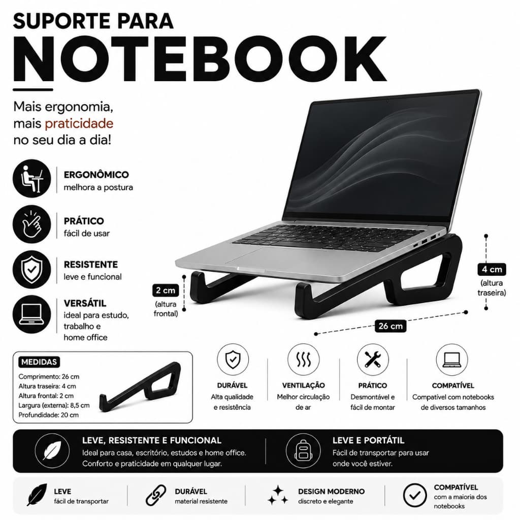 Suporte para Notebook | Base Elevada com Ventilação |Suporte para Notebook Ergonômico + Brinde