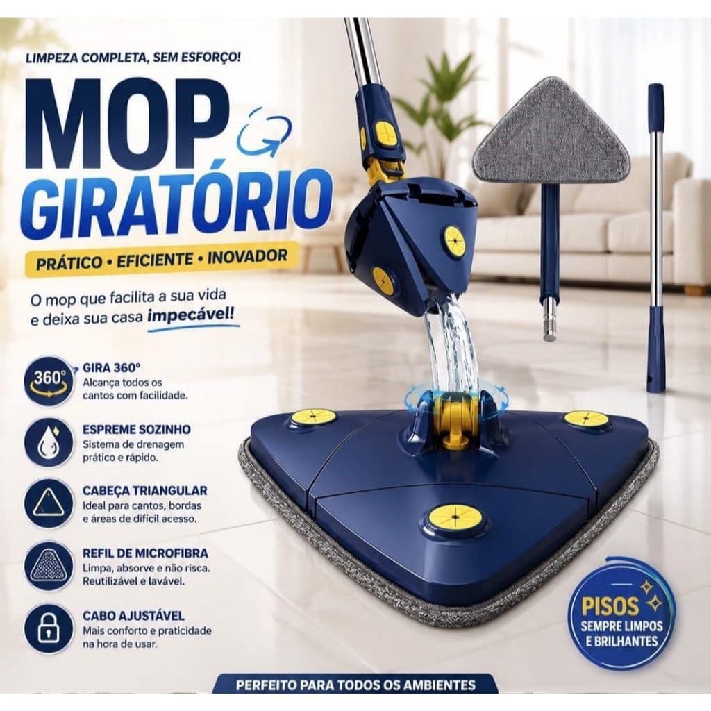 Esfregão Triângulo Mop De Limpeza Ajustável Giratória 360° Versátil Ergonômico Rodo Limpeza Triangulo Mop Giratorio