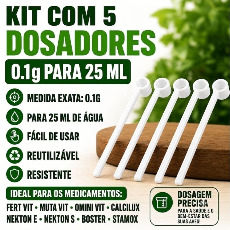 Kit com 5 Dosadores de 0.1 grama,para 25 ml de Agua, Fert Vit, Omini Vit, Calci Lux , Muta Vit. Linha Nekton e Hot Birds