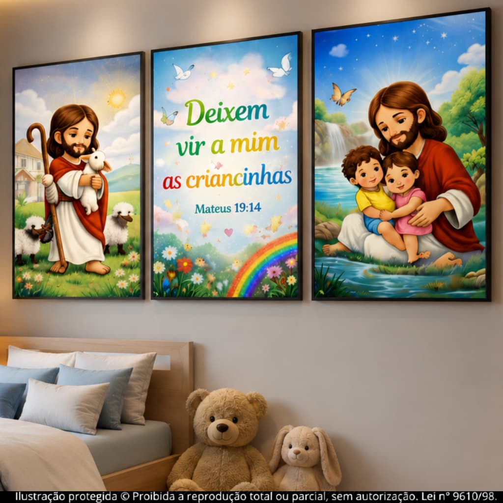 Kit Quadros Decorativos 3 Peças Jesus Crianças Infantil Religioso Versículo Mateus 19:14 Quarto Bebê