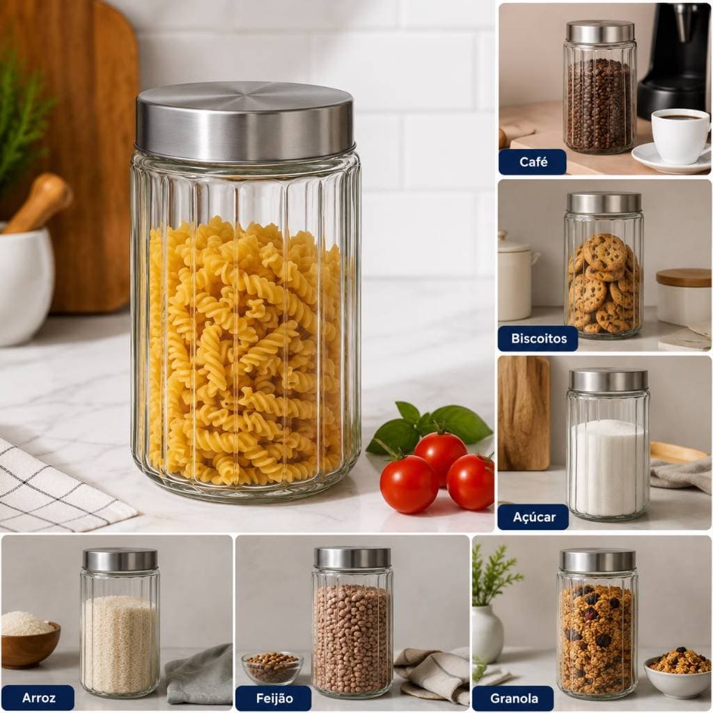 Pote de Vidro Canelado Hauskraft Tampa de Aço Inox 1,2 Litro para Café Açúcar e Biscoitos Organizar Despensa e Cozinha