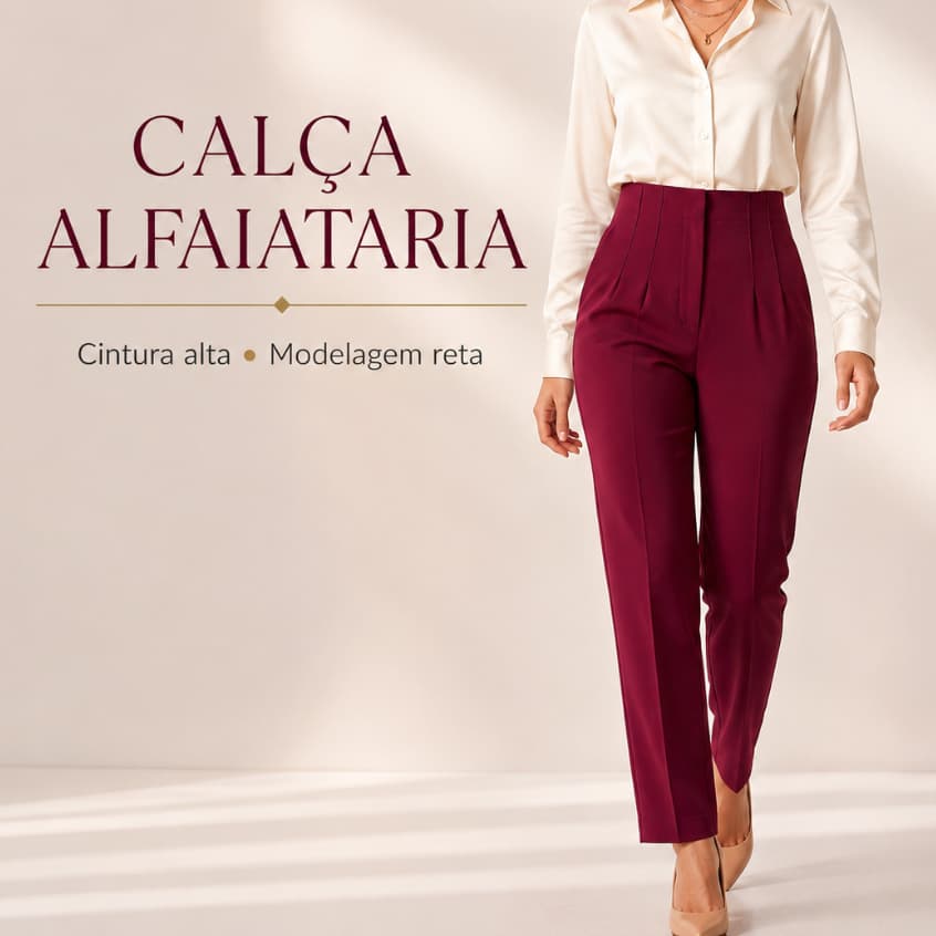 Calça Alfaiataria Feminina Cintura Alta Reta Social Elegante Zíper Lateral P ao GG