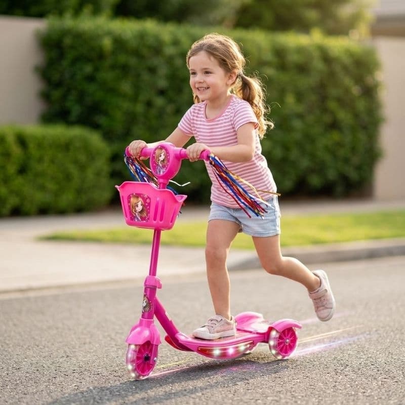 Patinete Infantil Feminino Rosa 3 Rodas Dobrável Som Luz Brinquedo Seguro