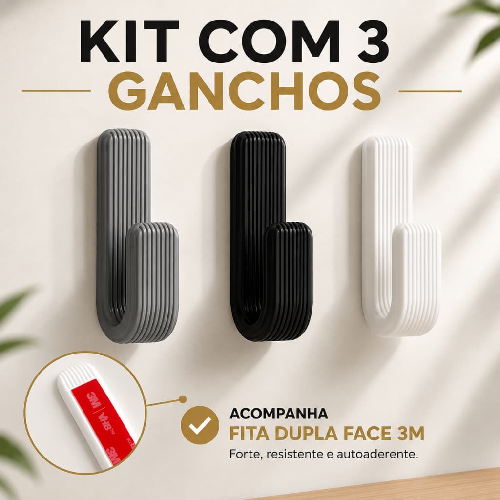Kit 3 Ganchos Adesivos Parede com Fita Dupla Face 3M para Toalhas Roupas Bolsas Chaves Acessórios