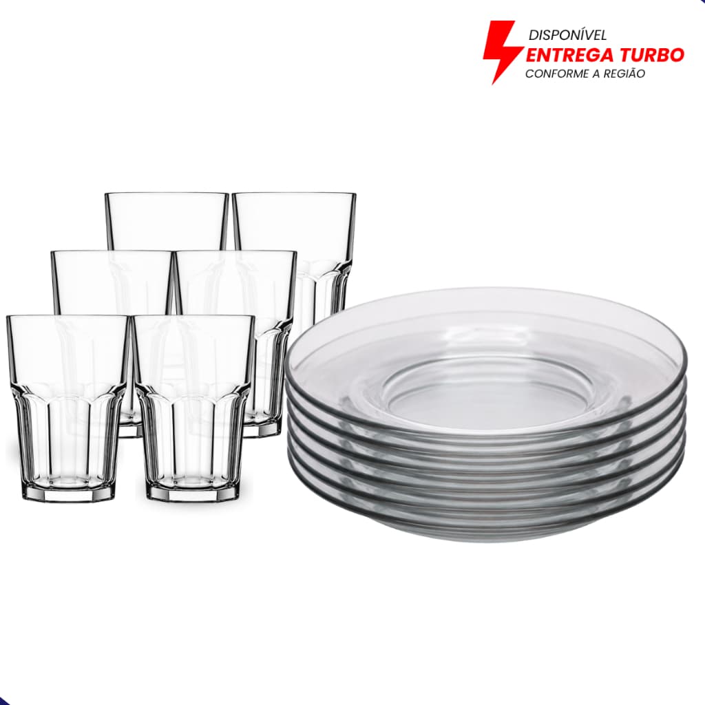 Aparelho de Jantar 12 Peças - 6 Pratos e 6 Copos 350ml Ideal para Almoço e Jantar