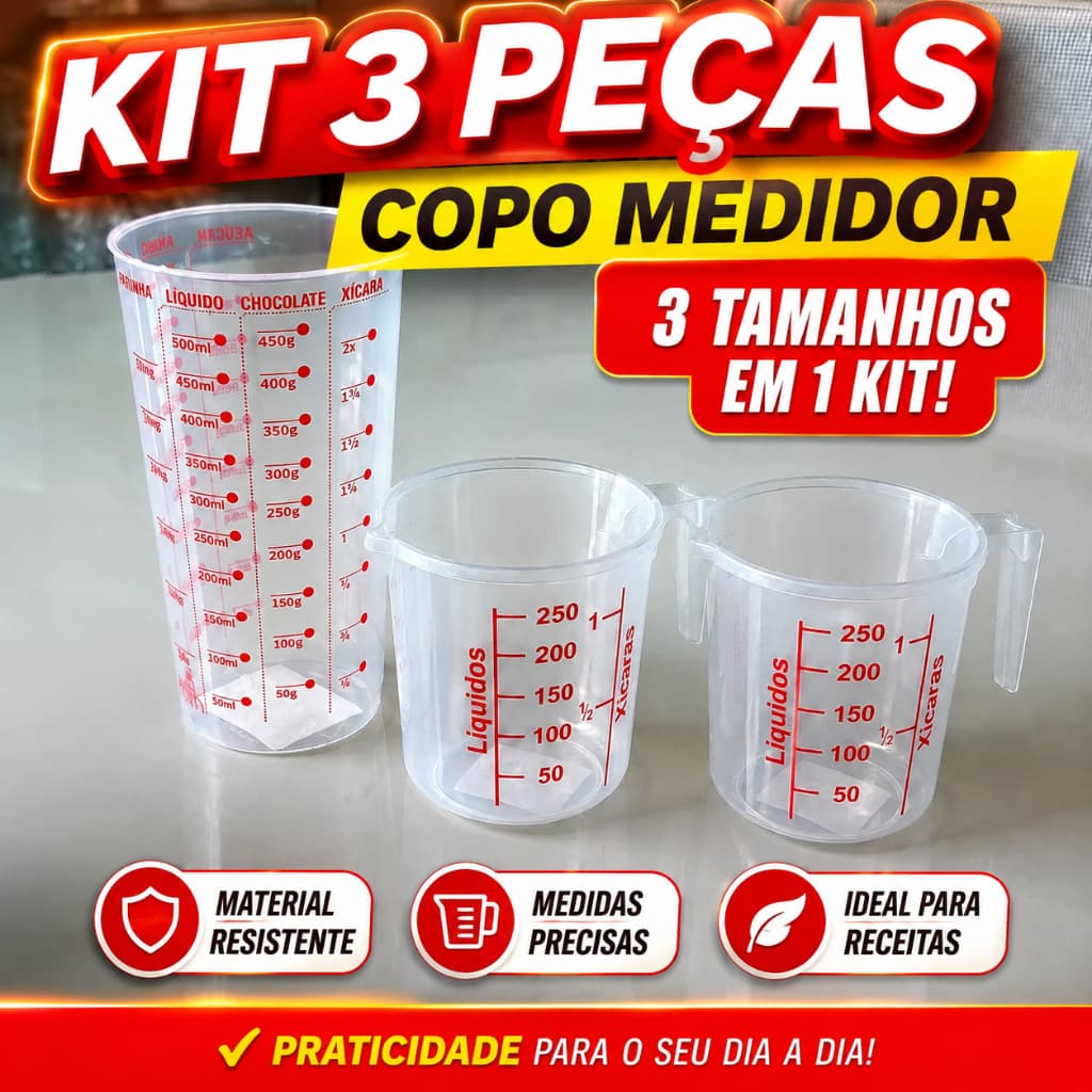Kit 3 Copos Medidor Bico Dosador Medida 500ml / 250ml / 250 ml