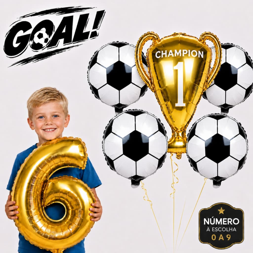 Kit 5 Balões Futebol + Número Dourado Troféu e Bola Metalizados Festa Decoração Aniversário