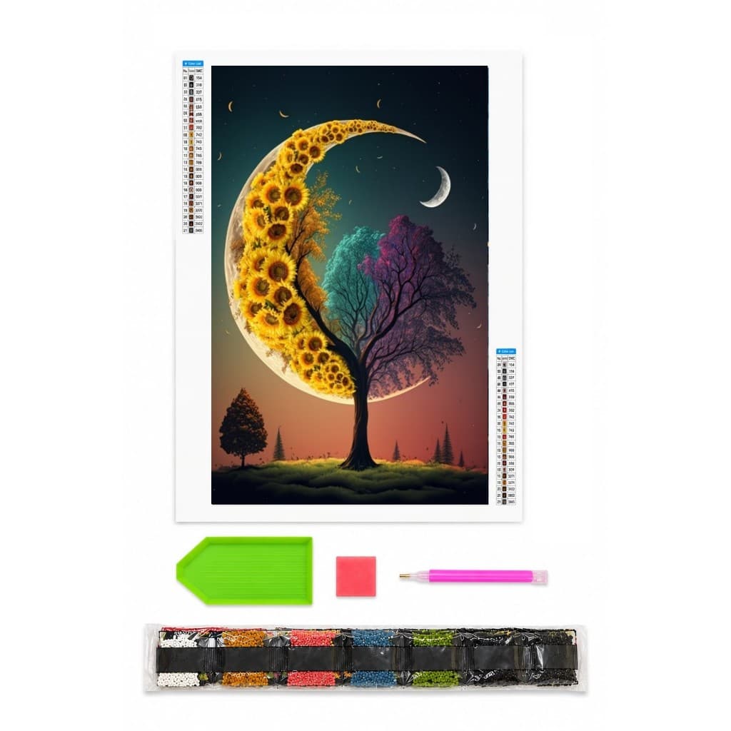 Kit Completo Pintura Diamante 5d arvore girassol noite luar natureza 20x30 Diy